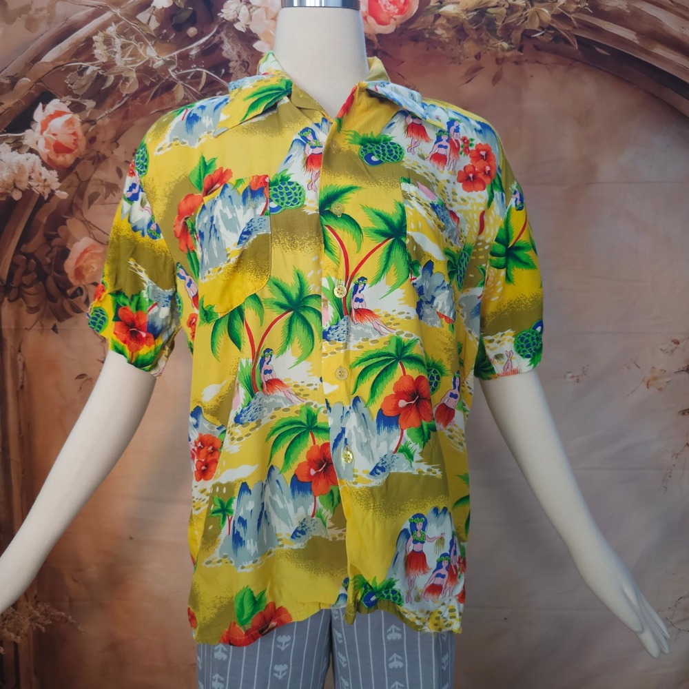 Vintage 1970s Andrew Lewis Hawaiian Shirt Yellow Hula Dancers Rayon Mens Large L